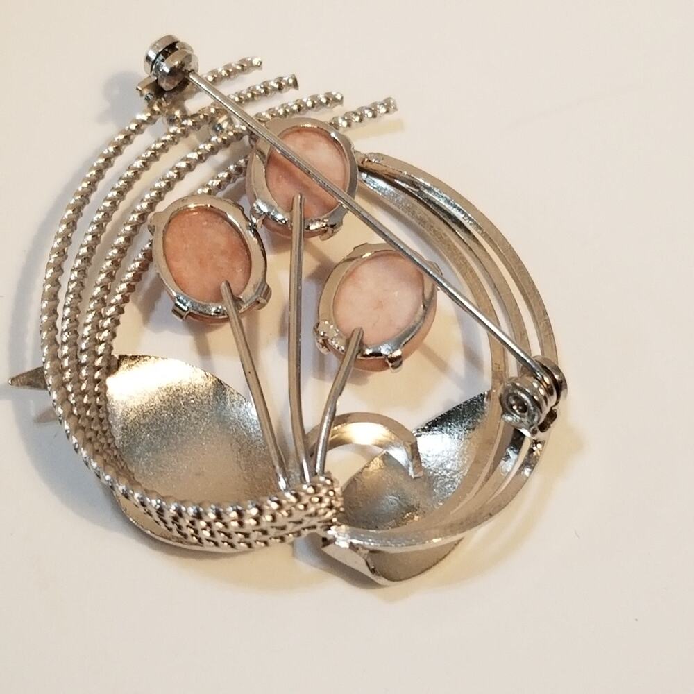 Pink coral brooch silver tone floral